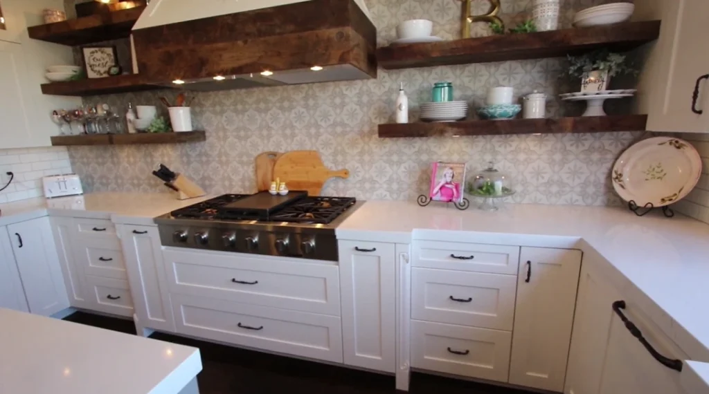 White kitchen cabinets with open shelving